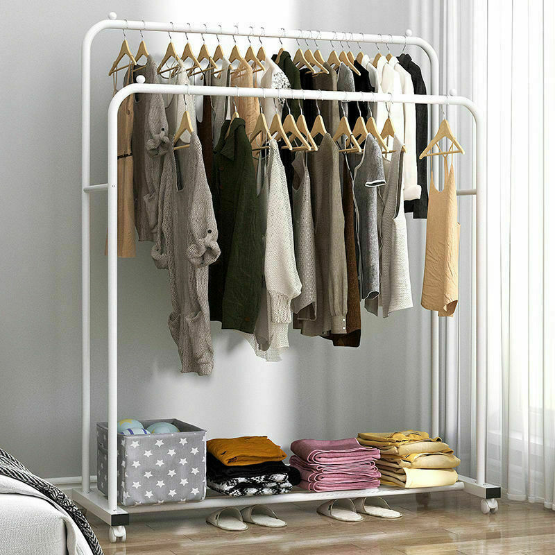 Heavy Duty Double Clothes Rail Rack Garment Hanging Display Stand 4 Wheel Armoir