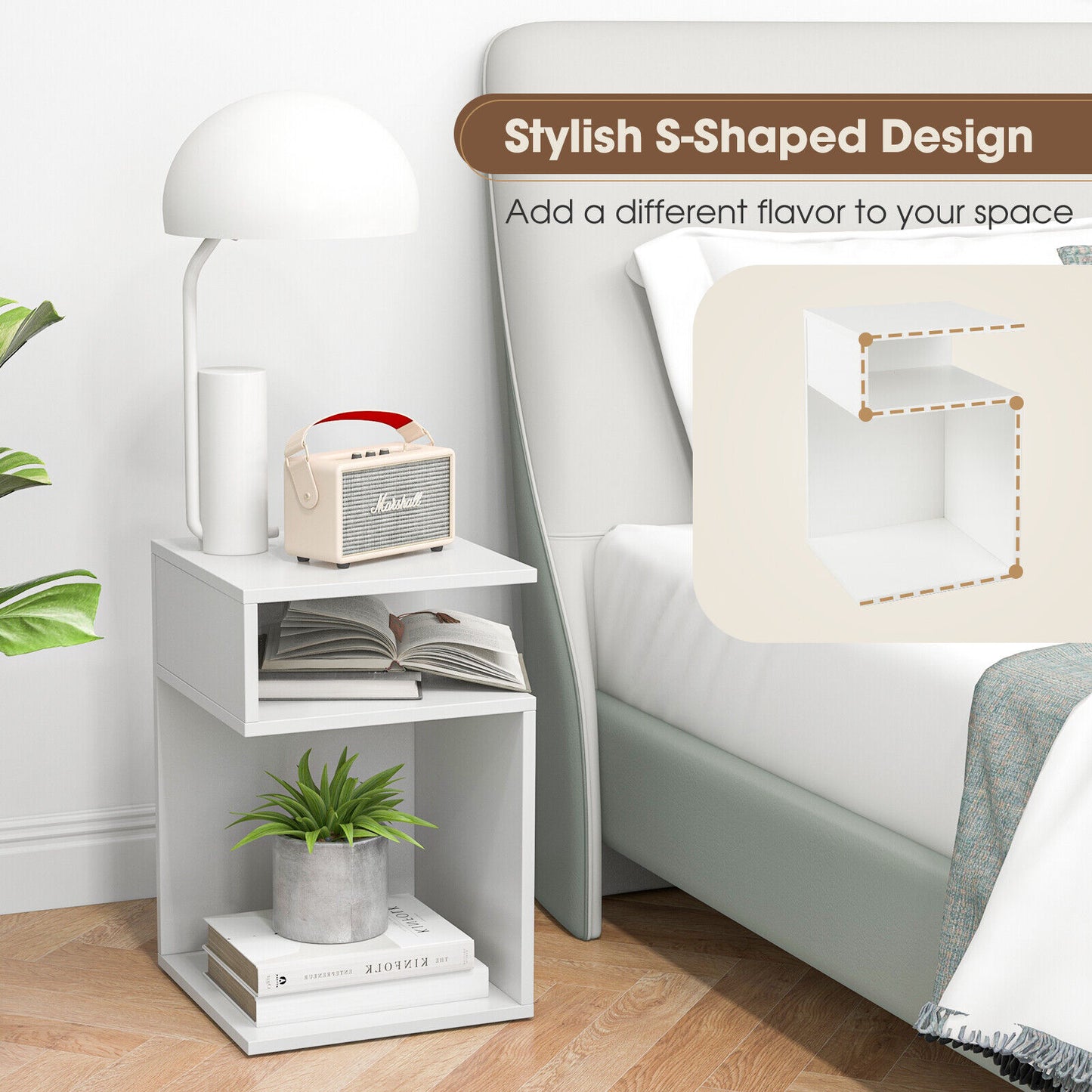 S-Shaped Side Table Sofa End Table Modern Nightstand w/ Open Compartments White