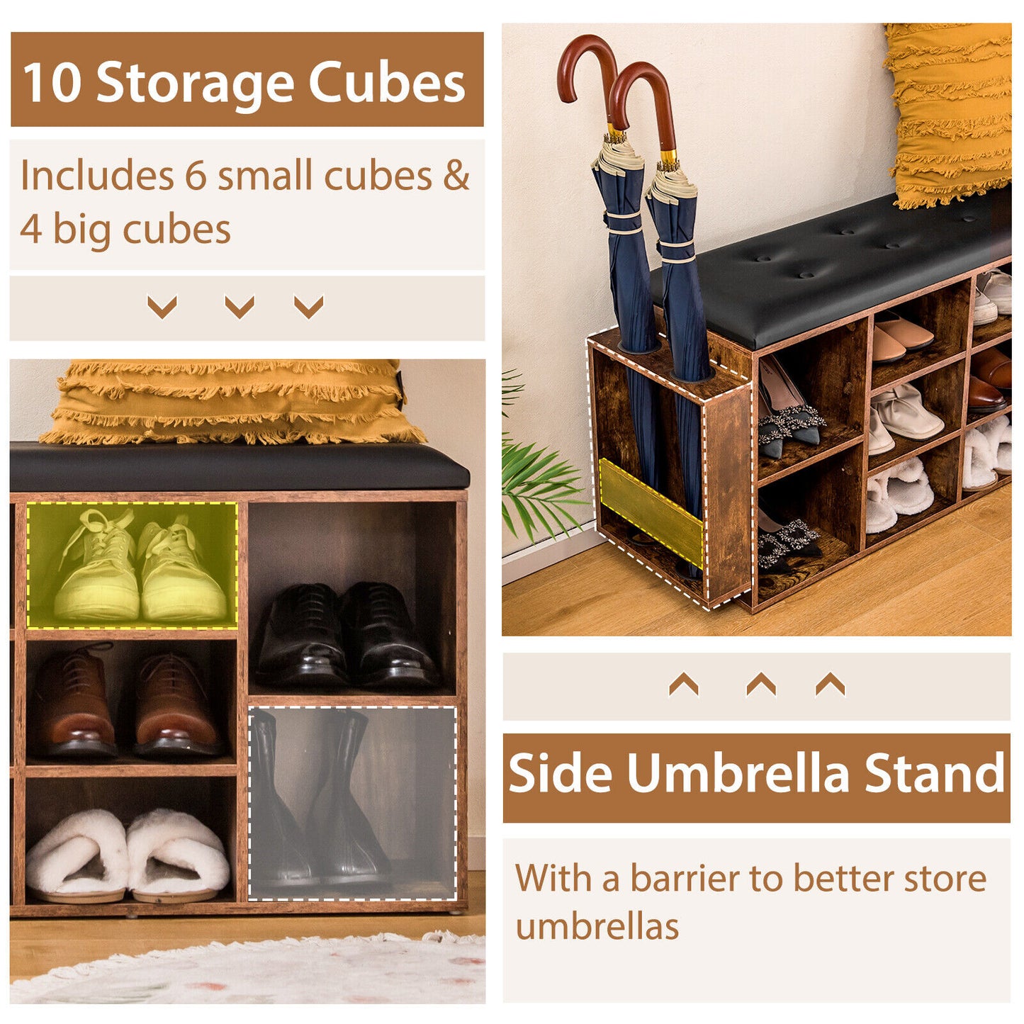 Shoe Storage Bench Entryway Rack Organizer with Umbrella Stand