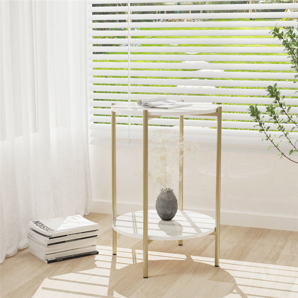 Gold Round Side End Table Bedside Small Coffee Table with Marble Top&Gold Frame