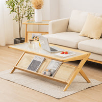 2-Tier Bamboo Coffee Table 120cm Rectangular Center Table w/ Glass Tabletop