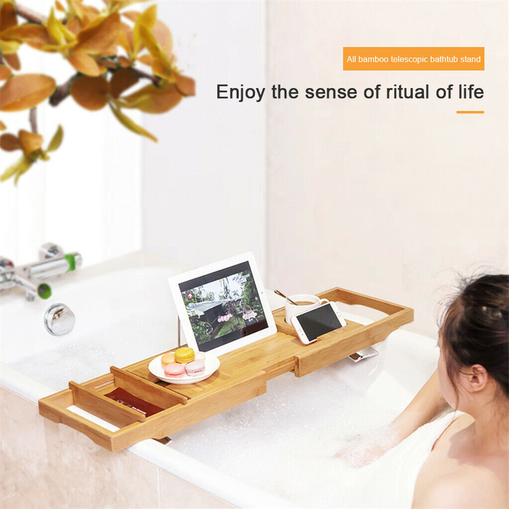 Extendable Bamboo Bath Caddy Adjustable Home Spa Bathtub Tray Phone Holder Rack