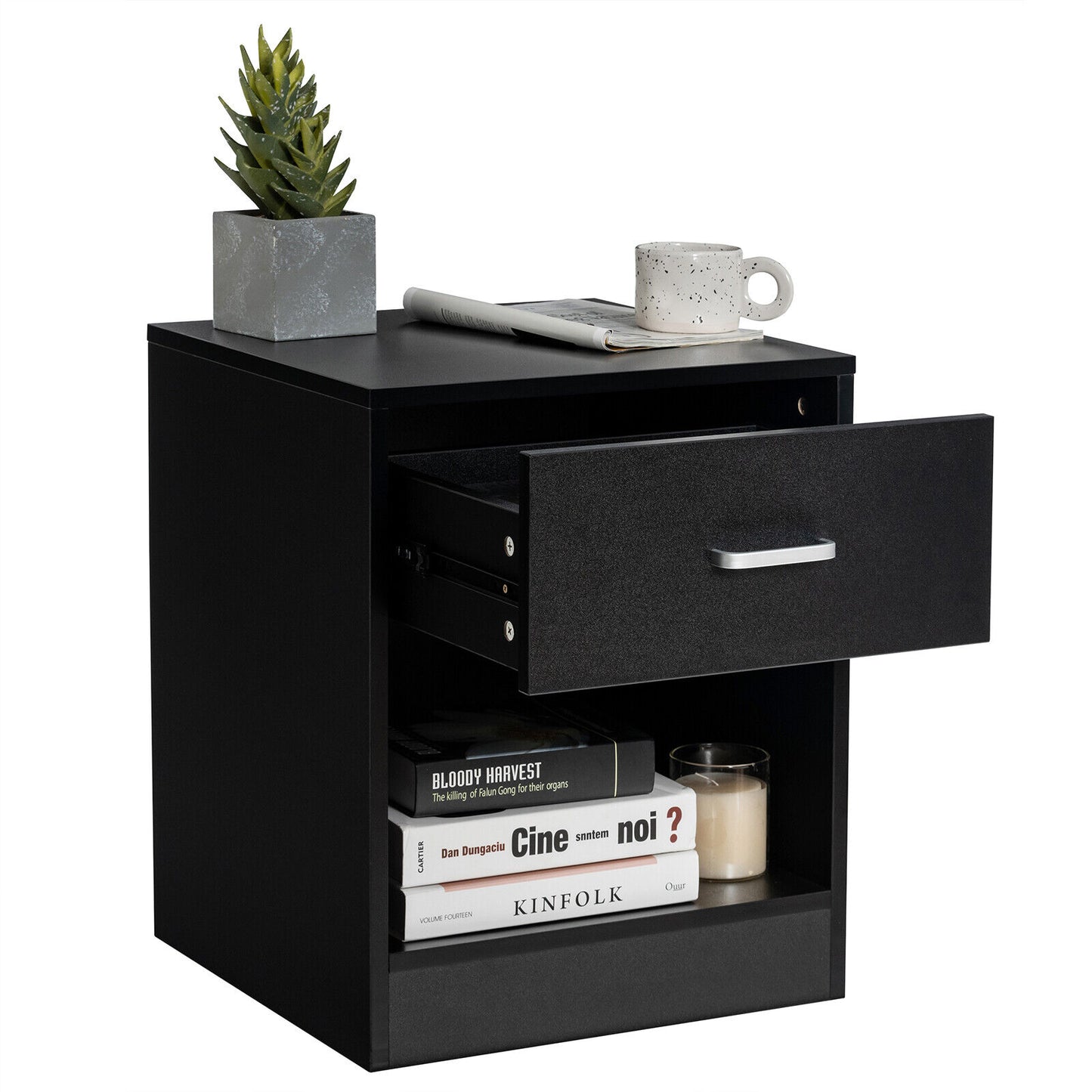 Nightstand with Drawer Storage Cabinet Modern Beside End Table Black