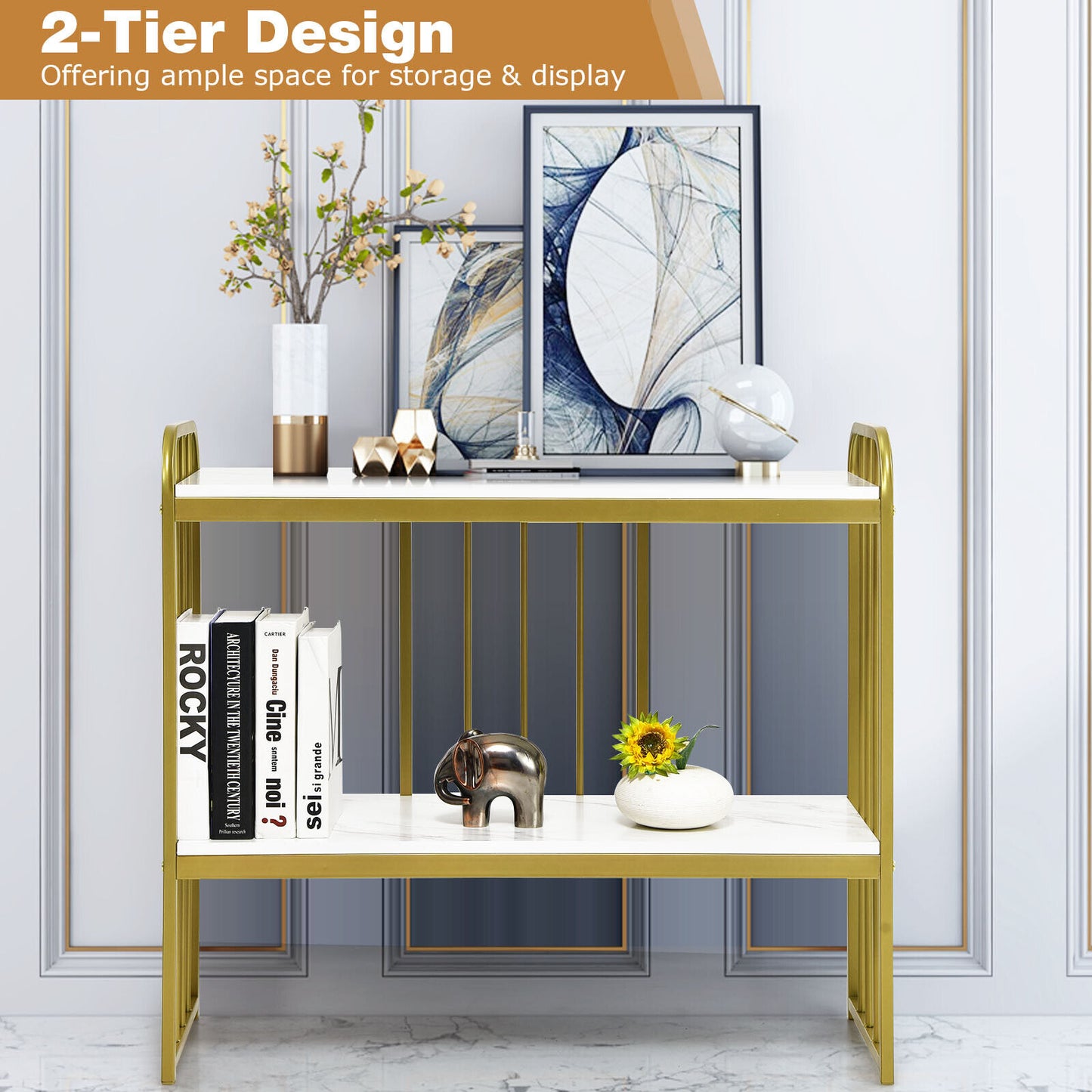 Console Table Faux Marble Top Sofa Side Table Display Shelf Hallway Cafe