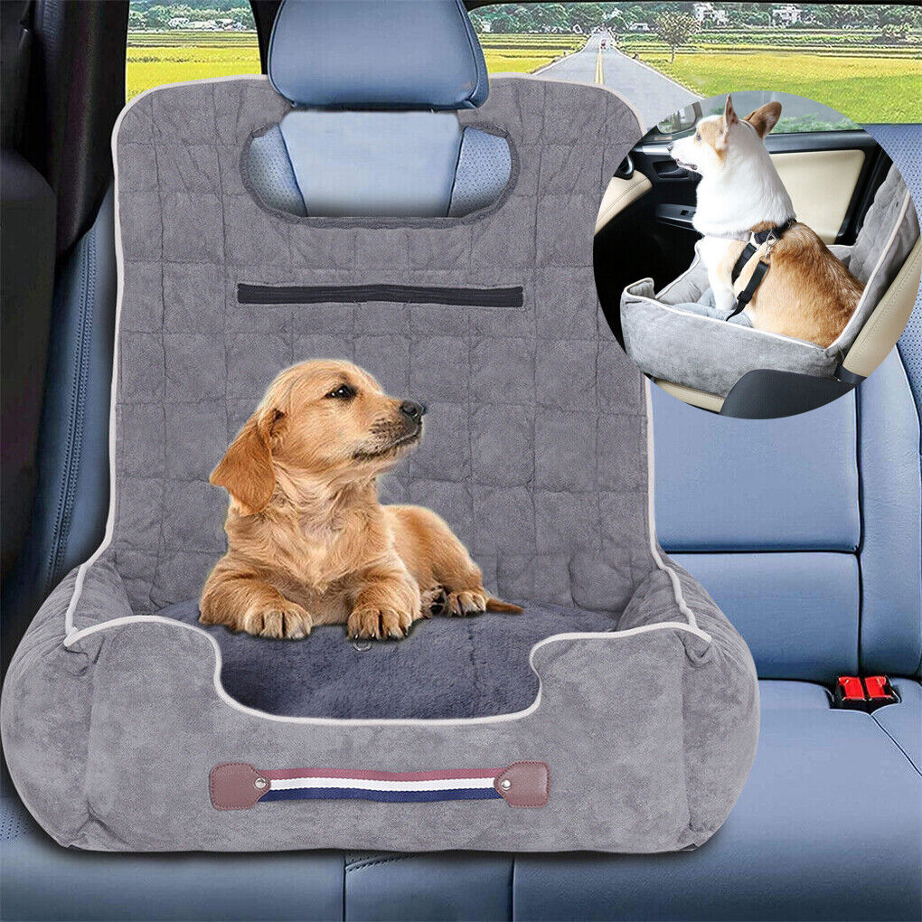 Large Cozy Dog Car Booster Double-Side Cushion Pet Travel Bed w Adjustable Strap