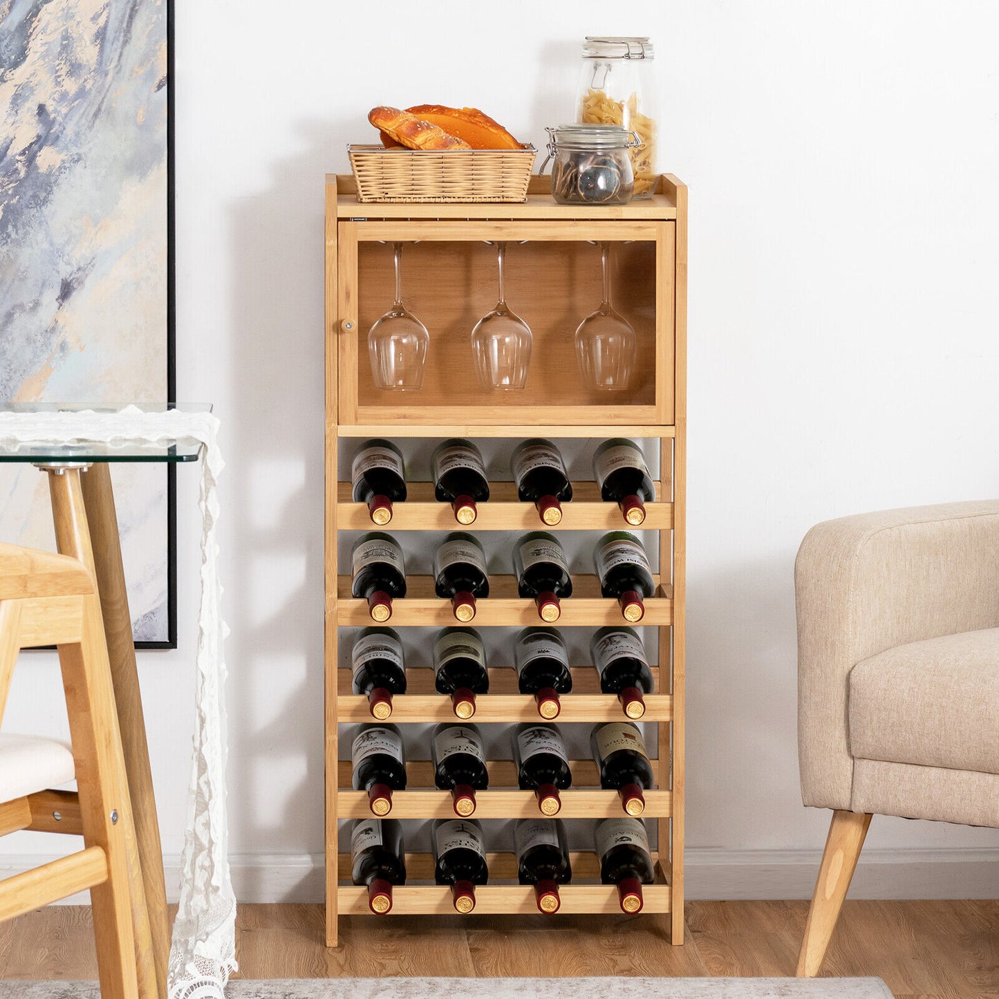 20-Bottle Wine Rack Cabinet Bamboo Display Shelf w/ Glass Holder Kitchen