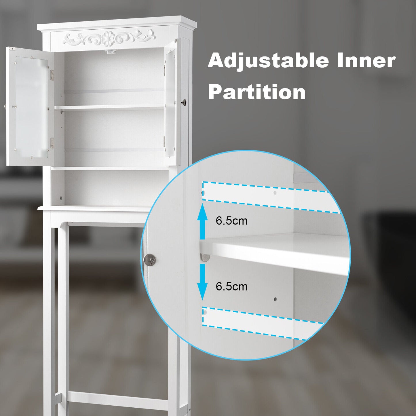 Over The Toilet Bathroom Space Saver Carved Top Toilet Rack w/ Adjustable Shelf