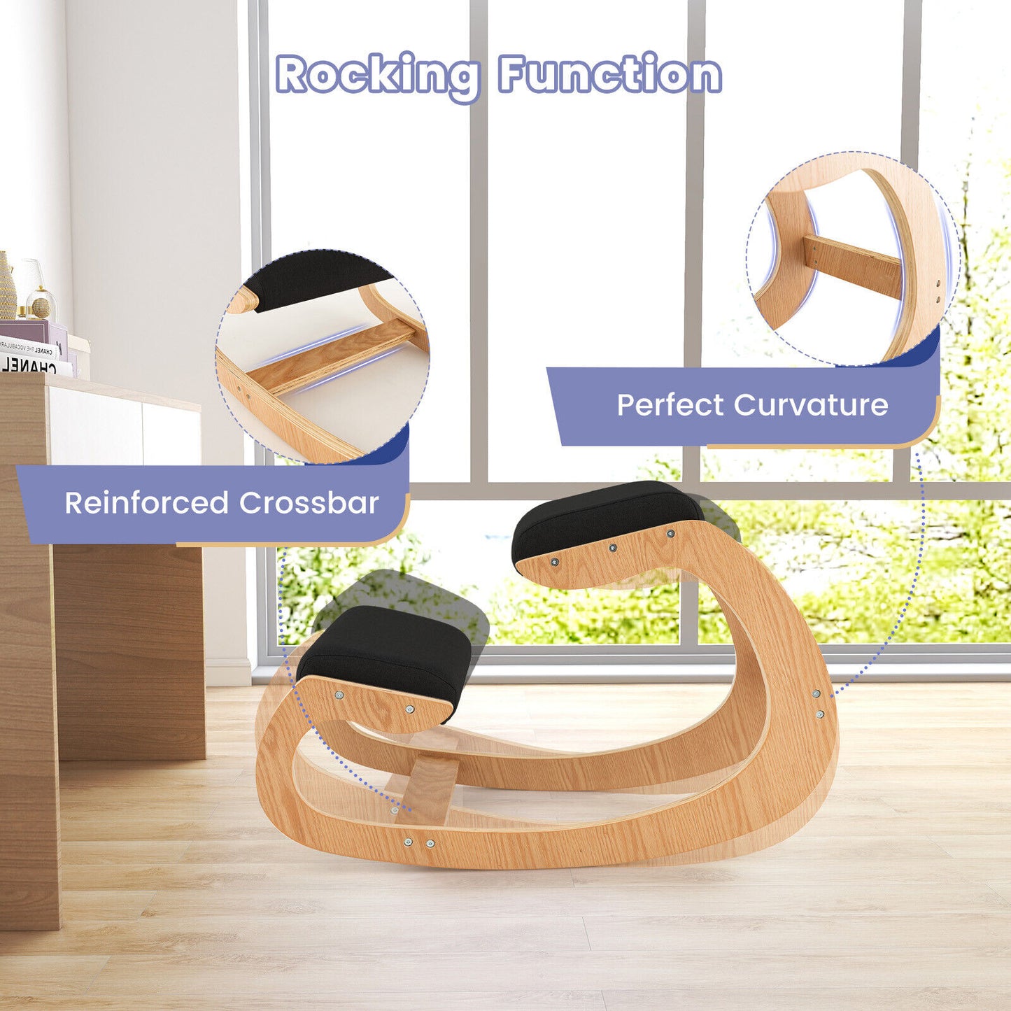 Ergonomic Kneeling Chair Wood Rocking Posture Chair w/ Soft Cushion