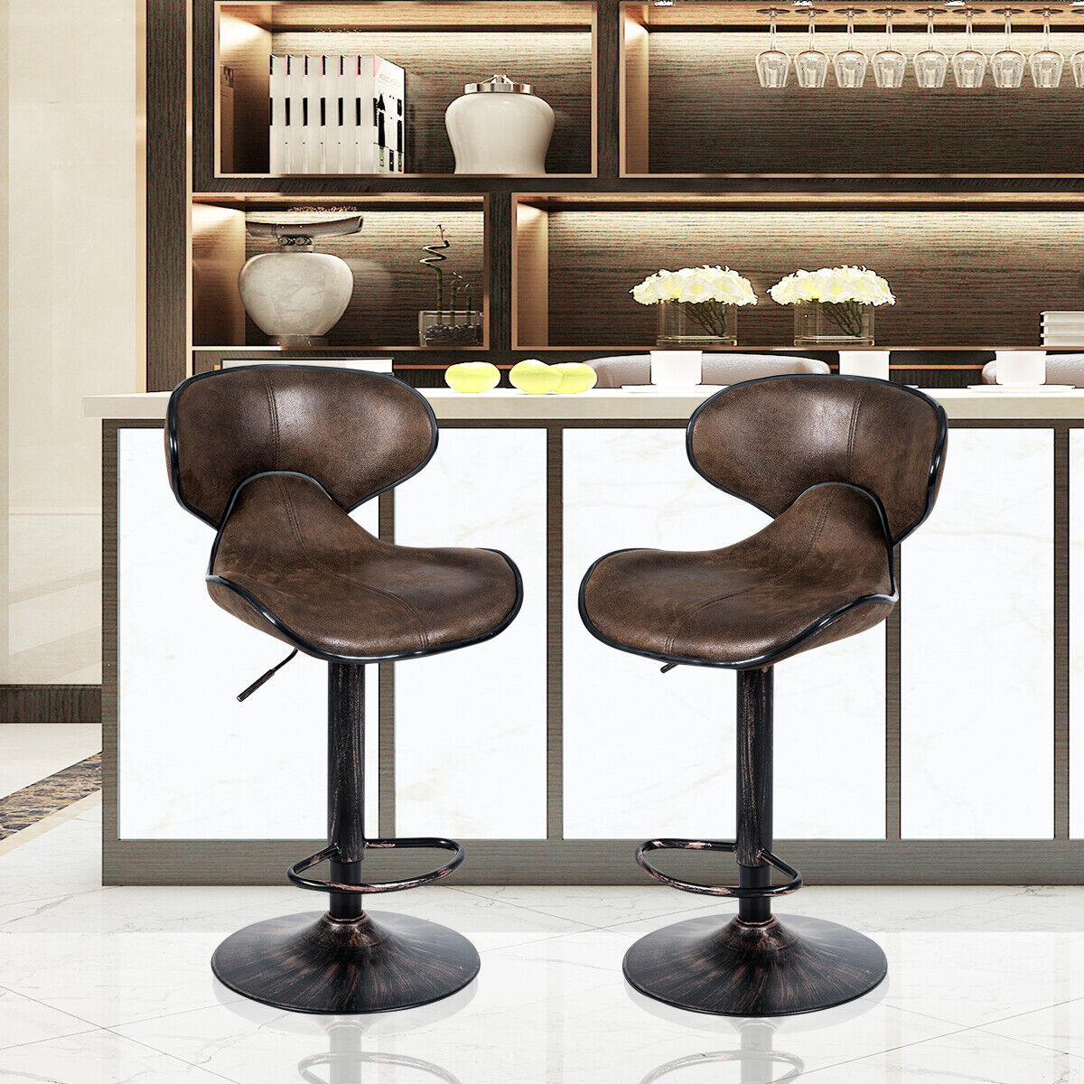 Set of 2 Bar Stools Swivel Adjustable Bar Chairs w/Backrest Retro Brown