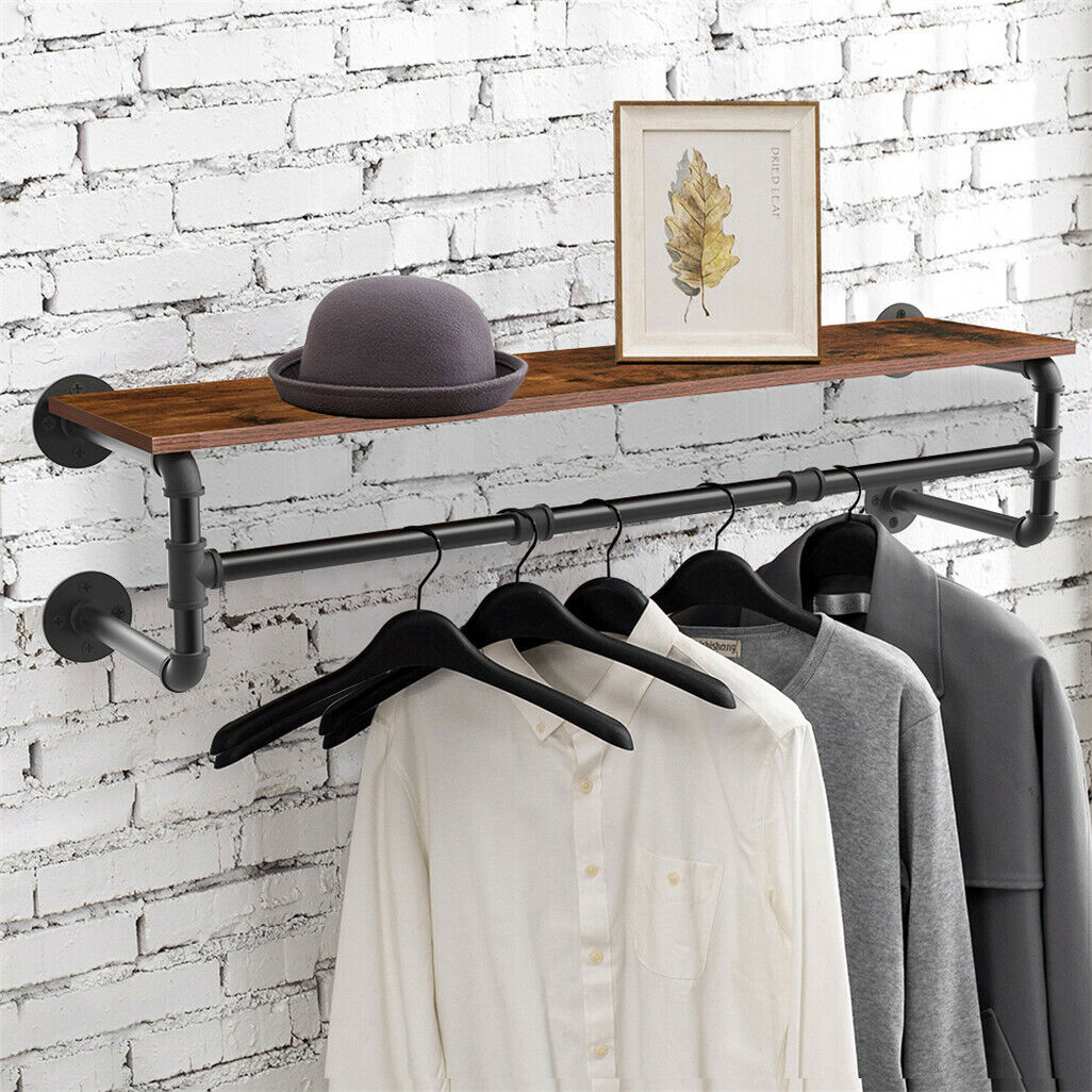 Upgraded Heavy Duty Pipe Clothes Rack Iron Garment Hanging Bar with Top Shelf