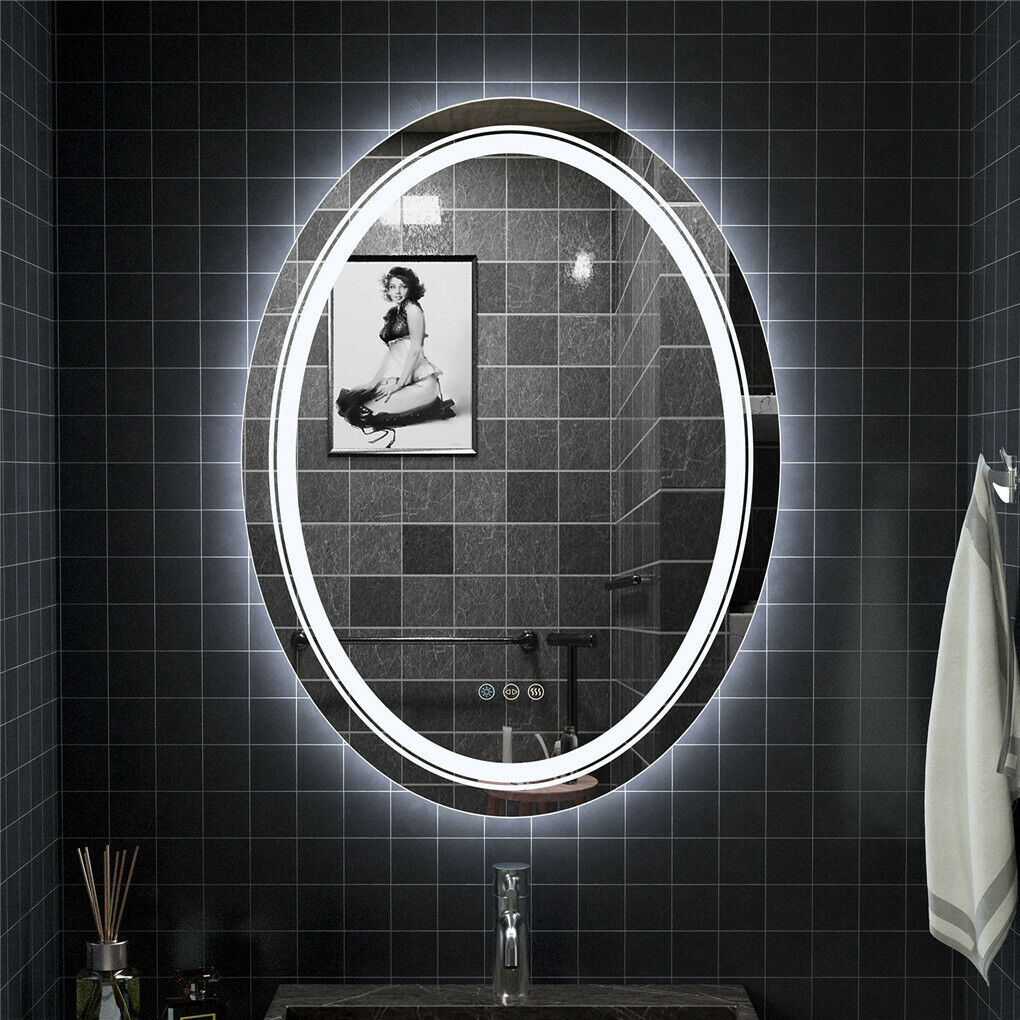 Oval LED Bathroom Mirror Anti-Fog Dimmable Lights Makeup Mirror w/ Smart Switch