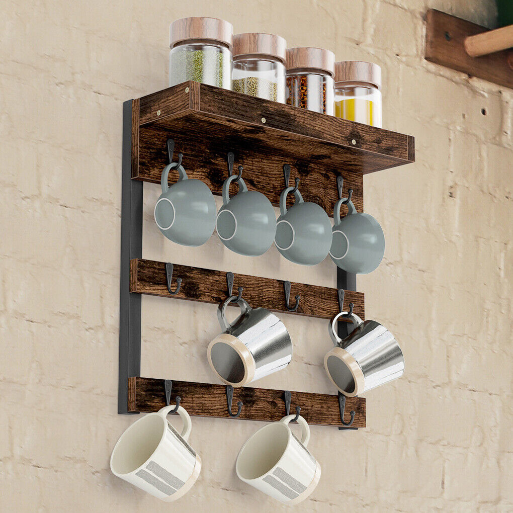 Heavy Duty Wall Mount Coffee Teacup Mug Rack Wood 12 Hook Holder Display Storage