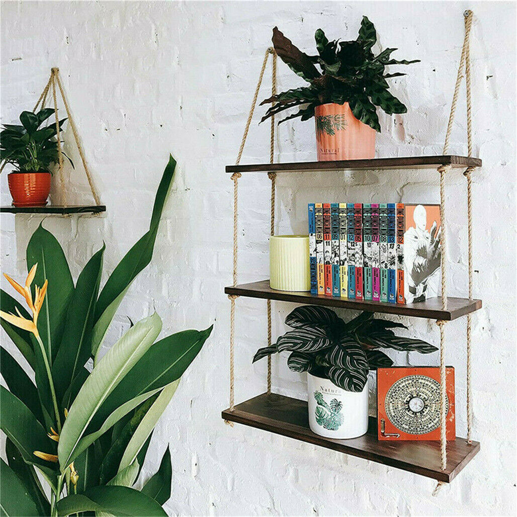 3Tier Distressed Wood Swing Storage Shelve Jute Rope Wall Hanging Organizer Rack