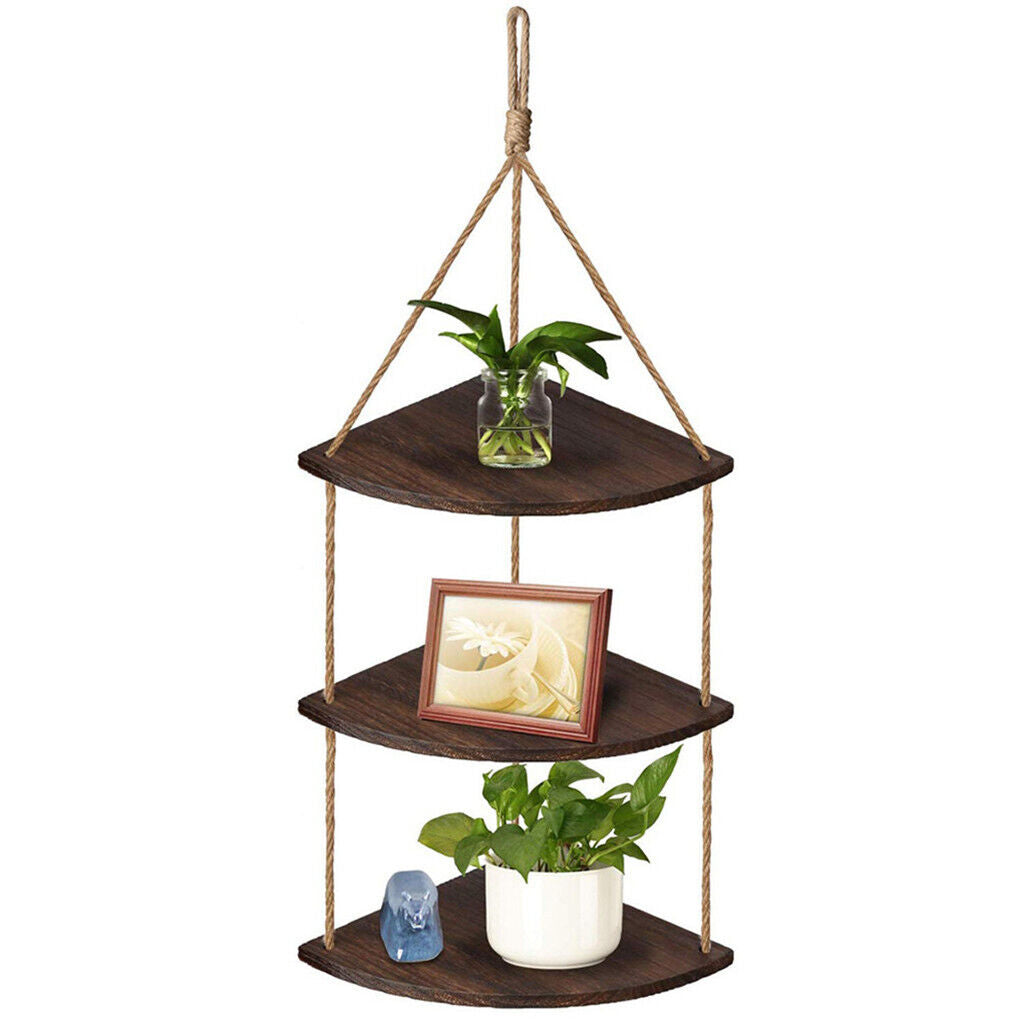 Hanging Corner Shelf 3 Tier Rustic Wood Floating Organizer Displays Storage Rack