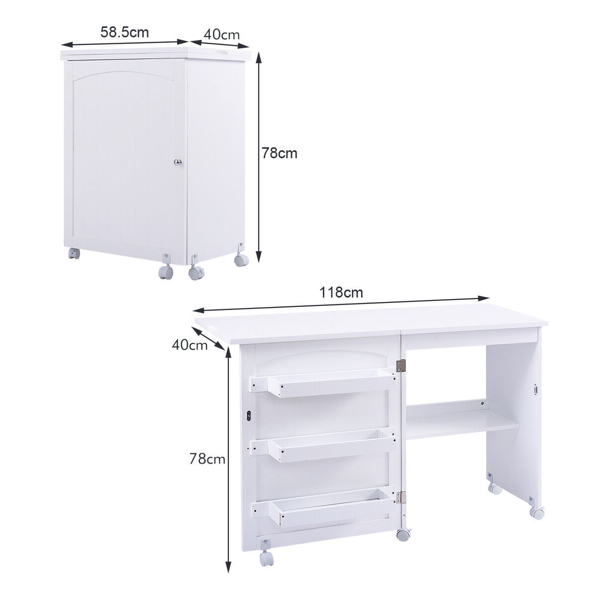 White Folding Sewing Craft Table Shelves Storage Cabinet Home Furniture W/Wheels