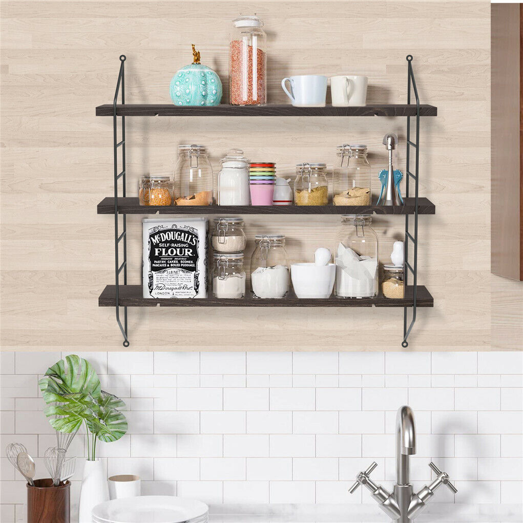 Rustic 3-Tier Wall Mounted Floating Shelves Wall Shelf Book Storage Rack Decor