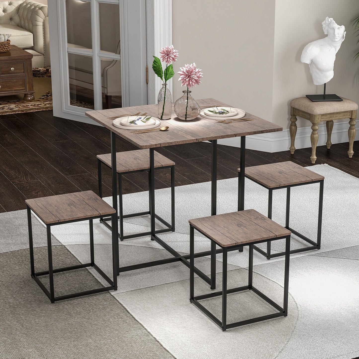 5-Piece Dining Table Set Square Kitchen Table Set W/ Stools for Small Spaces