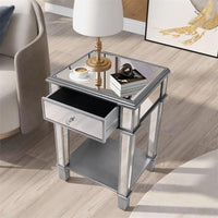 2 Tier Luxury Silver Mirrored Side Table Nightstand w/ Drawer Sofa Side Bedside