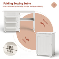 White Folding Sewing Craft Table Shelves Storage Cabinet Home Furniture W/Wheels