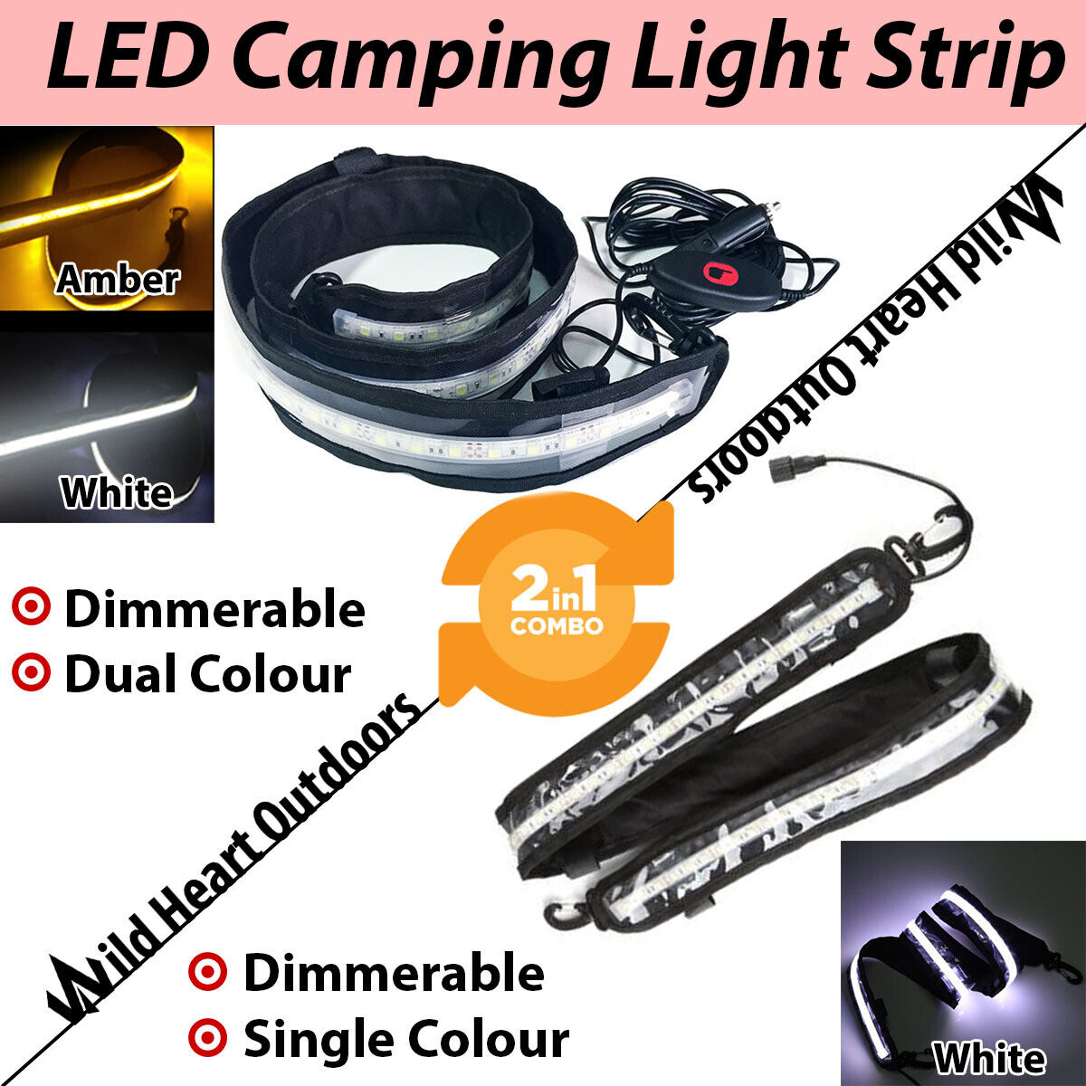 1.3m LED CAMPING LIGHT STRIP COMBO 1xWHTIE+1xDual Colour 12V FLEXIBLE Dimmer CAR