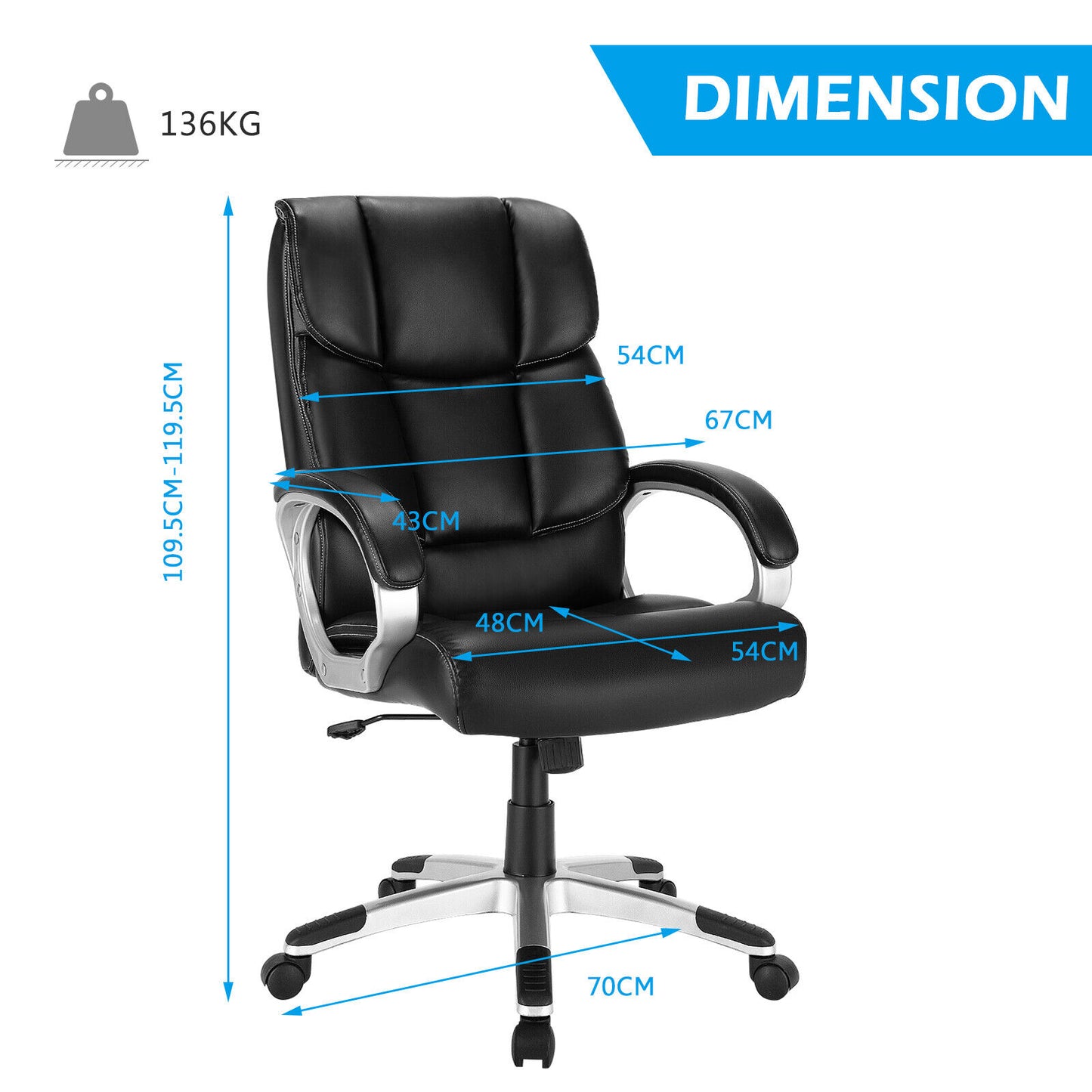 Office Chair Big&Tall High-Back Chair Executive Ergonomic Seat PU Leather 136KG