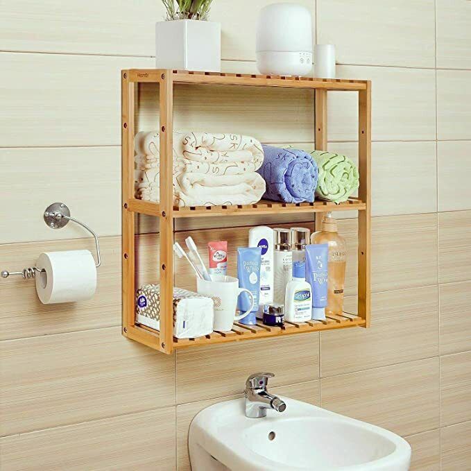 Bathroom 3-Tier Wall Mount Bamboo Shelf Adjustable Kitchen Rack Towel Holder