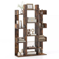 Tall Tree-Shaped Bookshelf with Open Shelves and Corner Storage Organizer