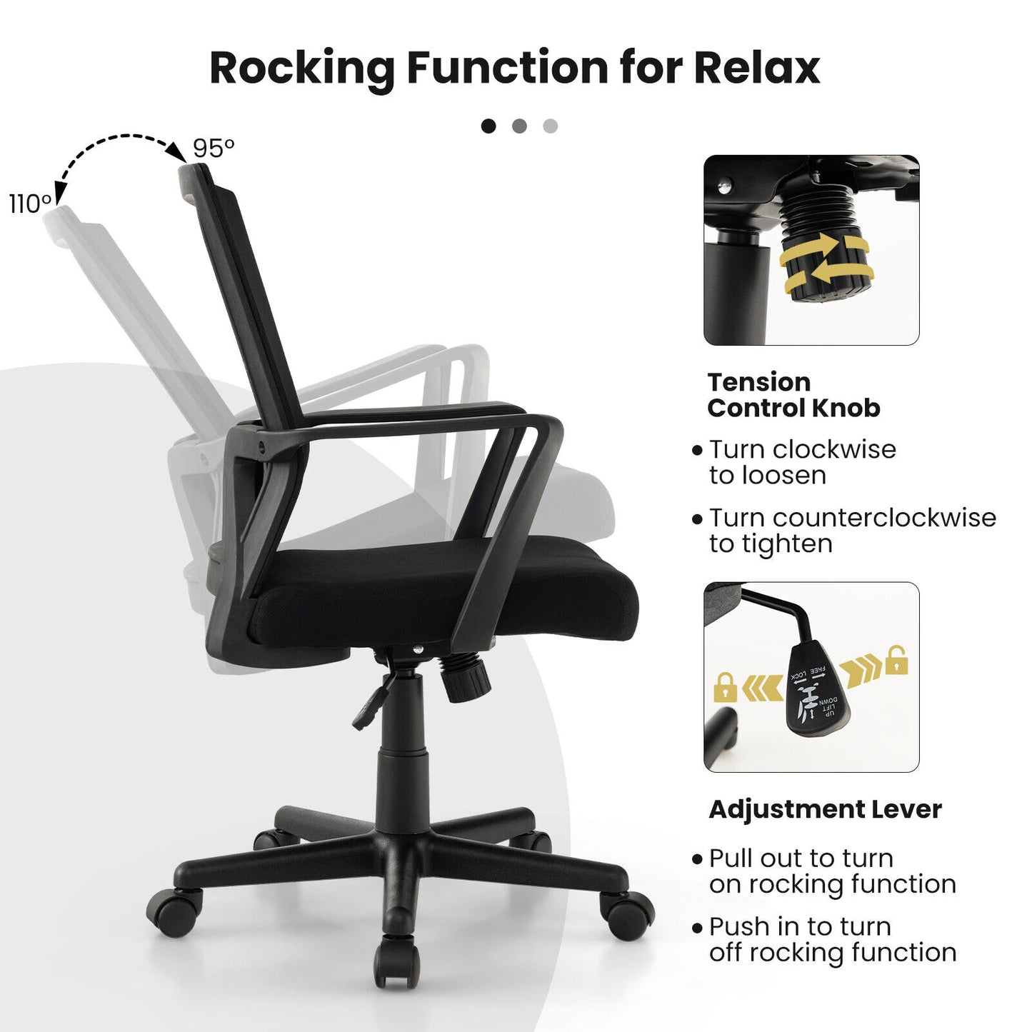 Mesh Office Chair Swivel Rocking Chair Adjustable w/ Armrests & Lumbar Support