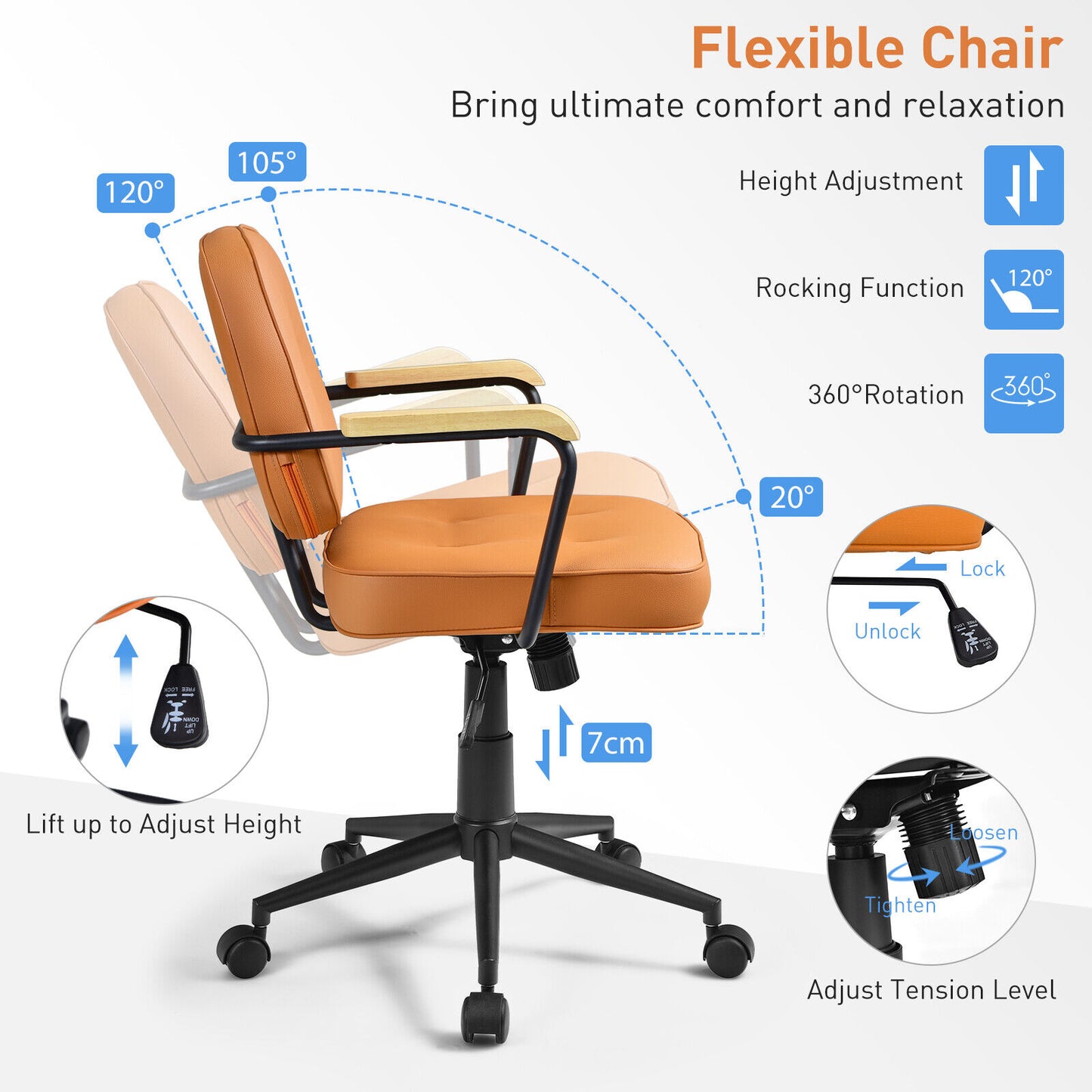 Office Chair Adjustable Swivel Leisure Computer Chair PU Leather Home