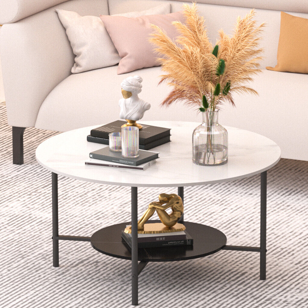 White Real Marble Round Coffee Table w/ Open Storage Modern Living Accent Table