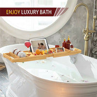 Expandable Bathtub Caddy Tray Bamboo Bath Table Over Tub with Wine & Book Holder