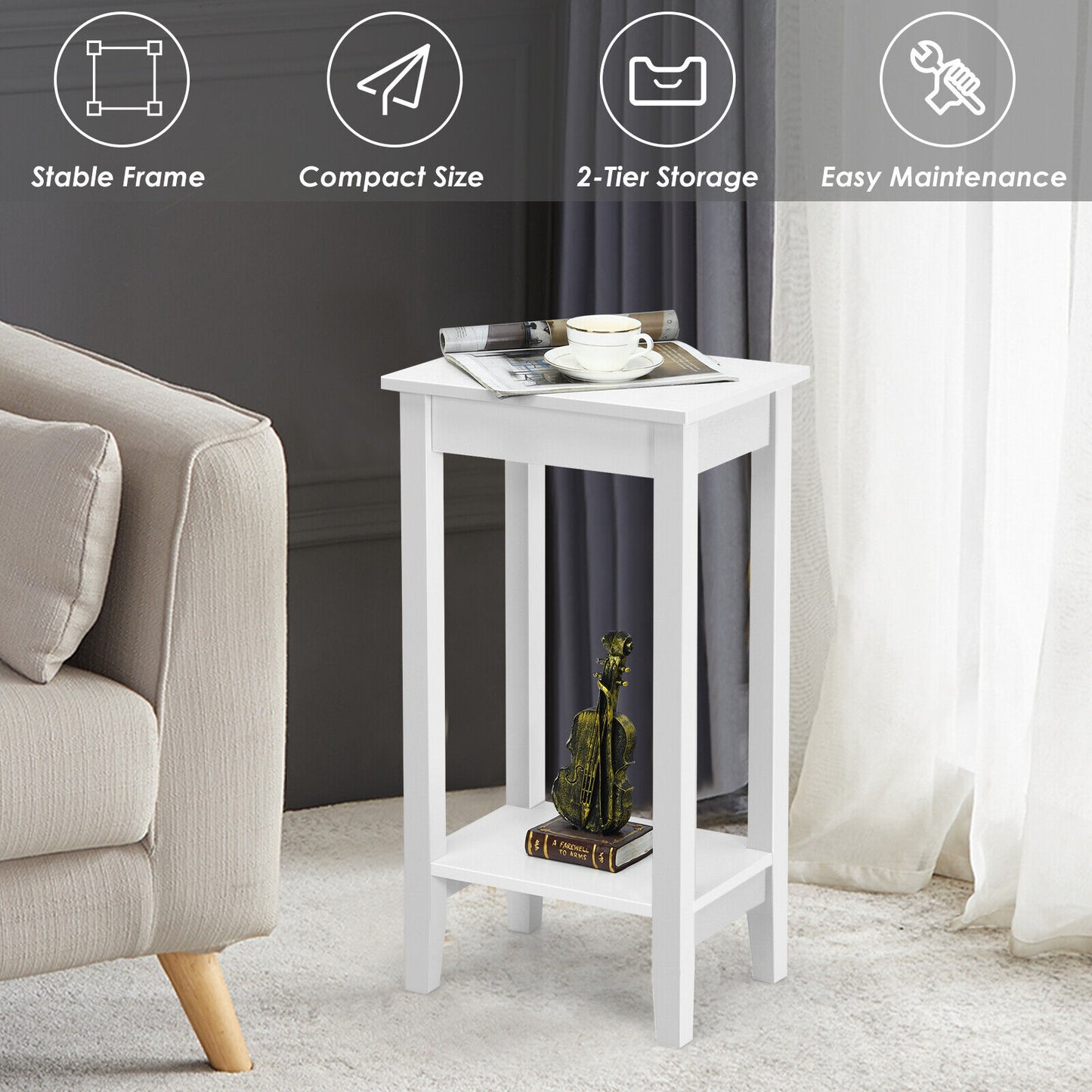 Nightstand 2-Tier End Side Table Coffee Table Wooden Legs Bedroom White