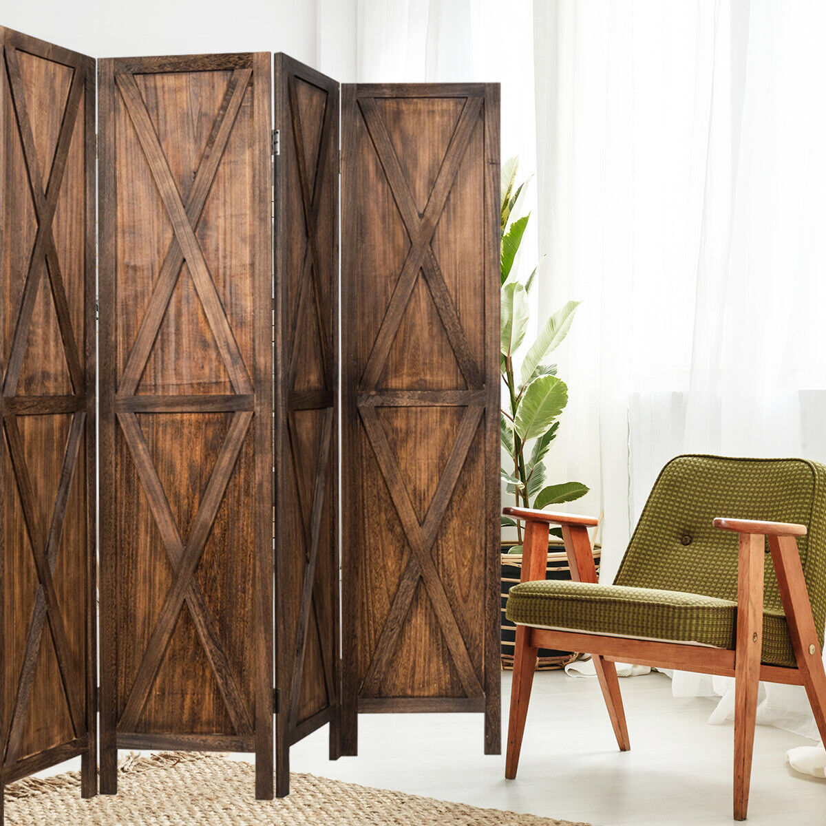 4 Panels Folding Wooden Room Divider W/ X-shaped Design 5.6 Ft Tall Brown