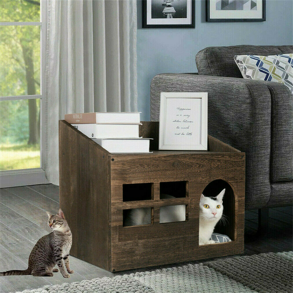 Double Tier Wooden Cat Litter Box Cat Cave Bed Pet House Nightstand In/Outdoor