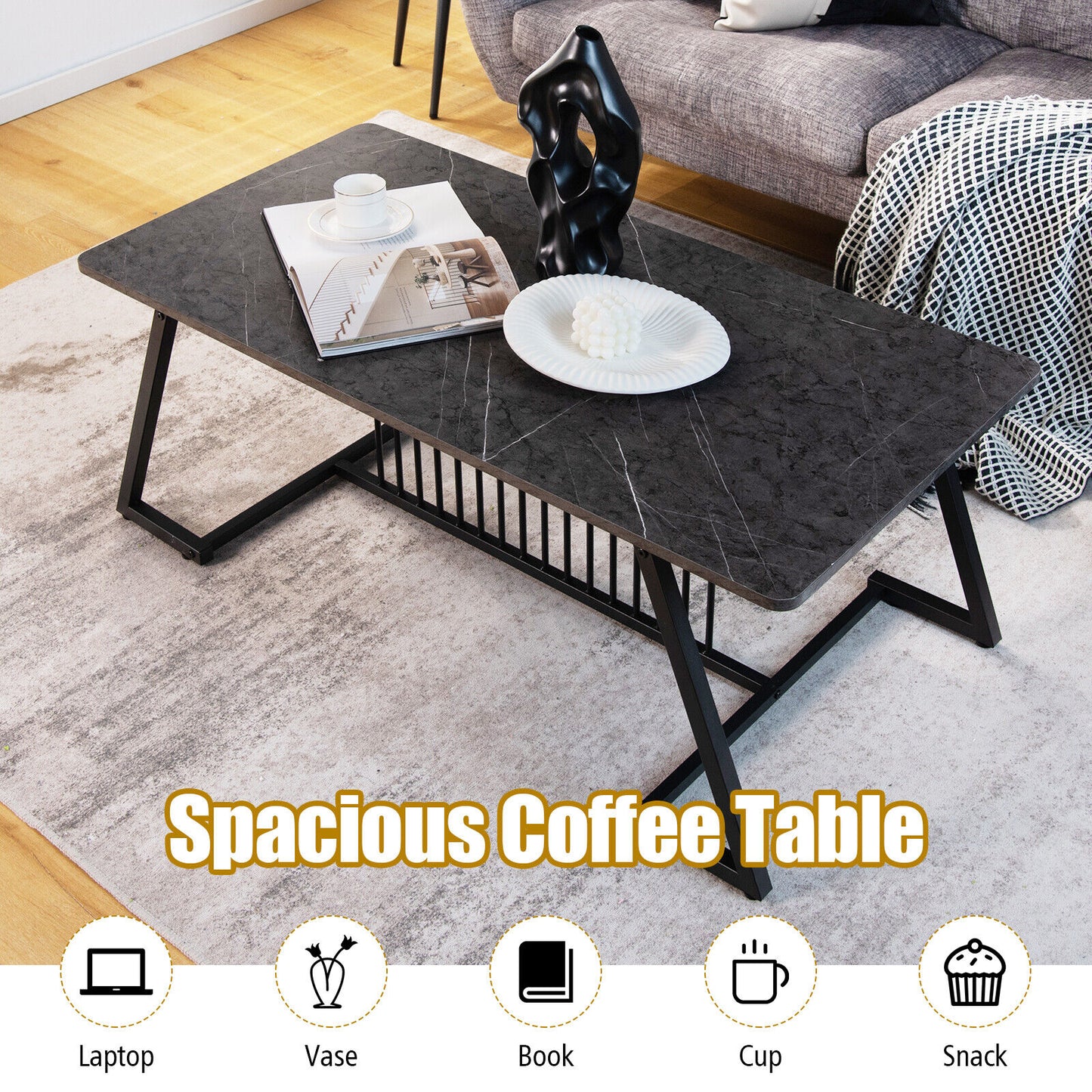 Coffee Table Wooden Beside Table Faux Marble Top Steel Legs Modern Black