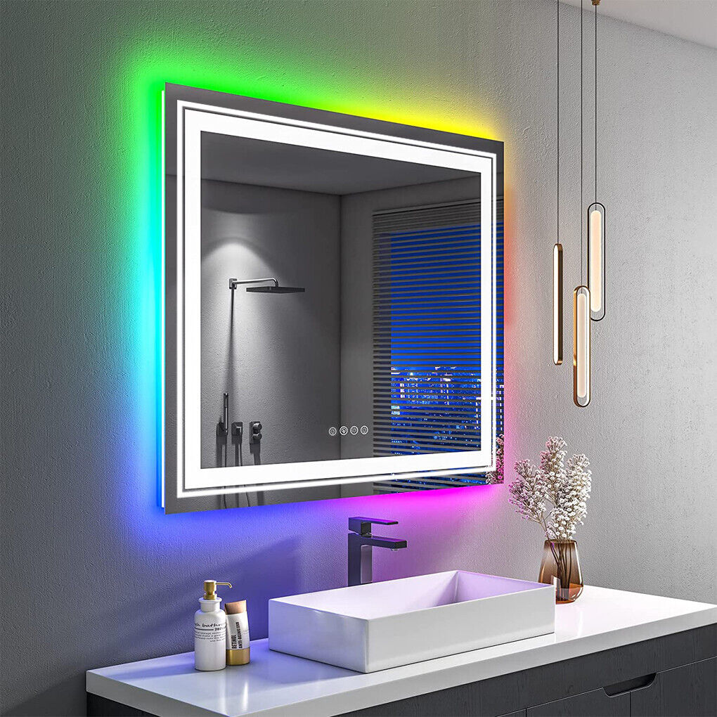 RGB Super Bright LED Bathroom Mirror Square Anti-Fog Dimmable Vanity Mirror 80CM