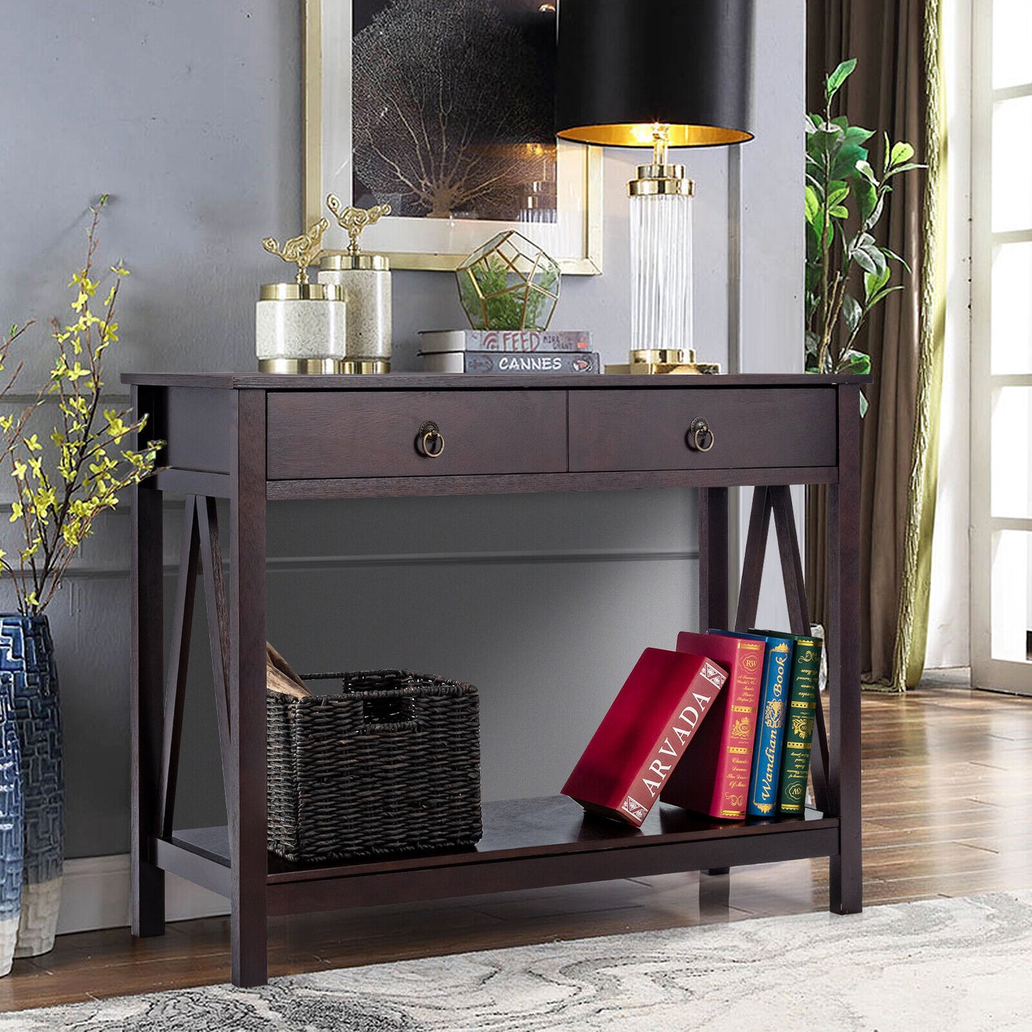 Console Table Accent Sofa Side Table with Drawer Shelf Entryway Espresso