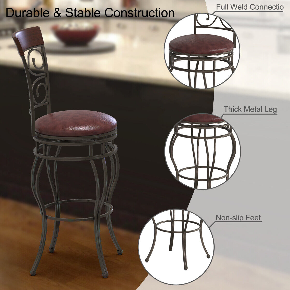 Set of 2 Vintage Bar Stools Swivel Padded Seat Bistro Dining Kitchen Pub Chair