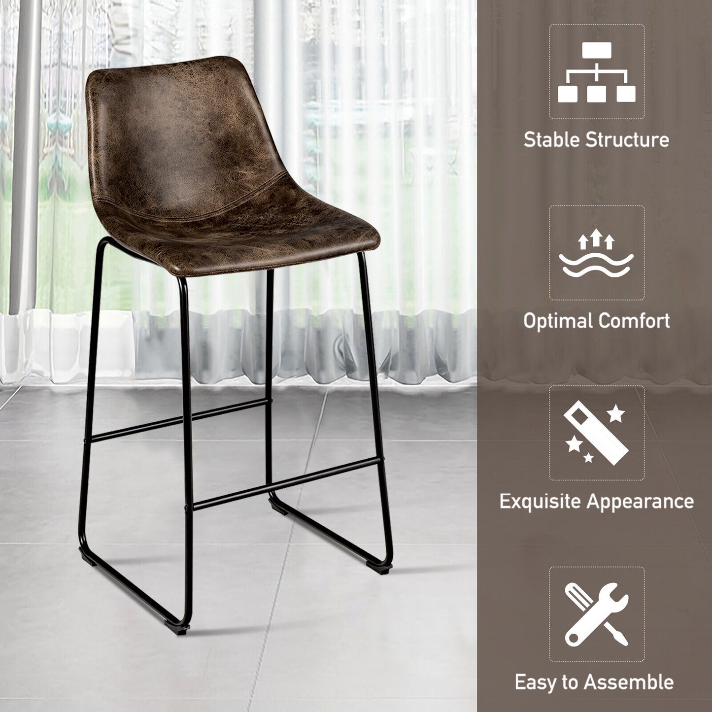 Set of 2 Bar Stool Faux Suede Upholstered Kitchen Dining Chair w/Metal Leg Brown