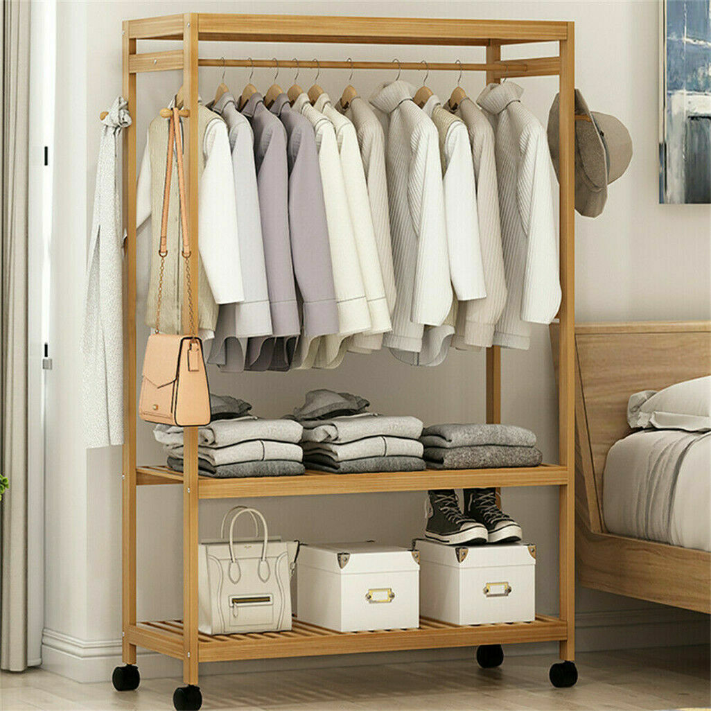 3 Tier Clothes Rack Heavy Duty Wood Garment Shelves Rolling Wheels Side Hooks AU