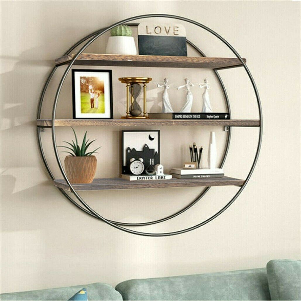 Vintage Round Wall Shelves Unit Industrial Metal Floating Shelf Storage Rack Dec