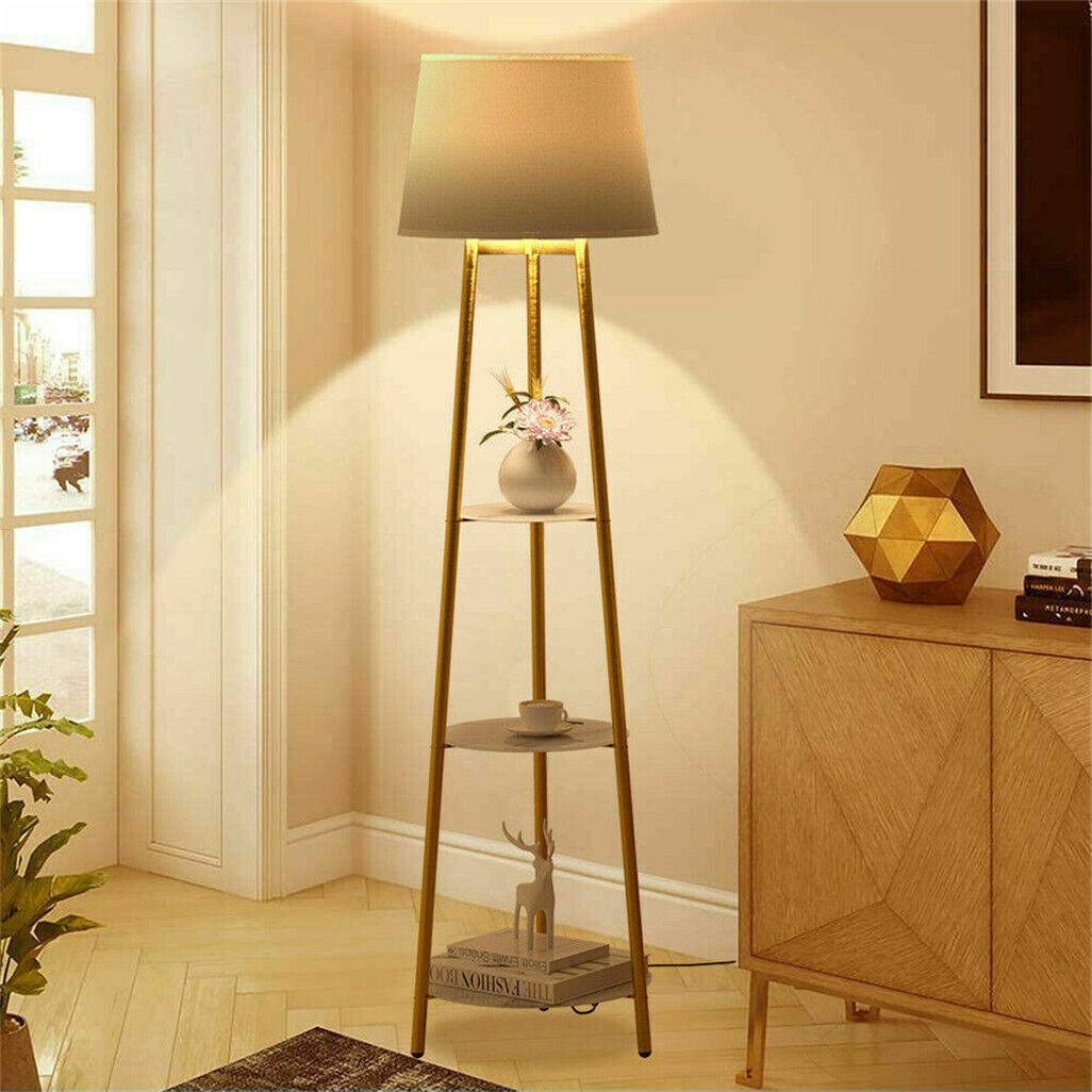 Vintage Tripod Floor Lamp Reading Sofa Light LED Standing with Shelves Bedroom