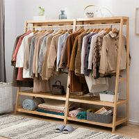 Rail Bamboo Clothes Rack Garment Hanging Stand 3 Tier Storage Shelves Closet