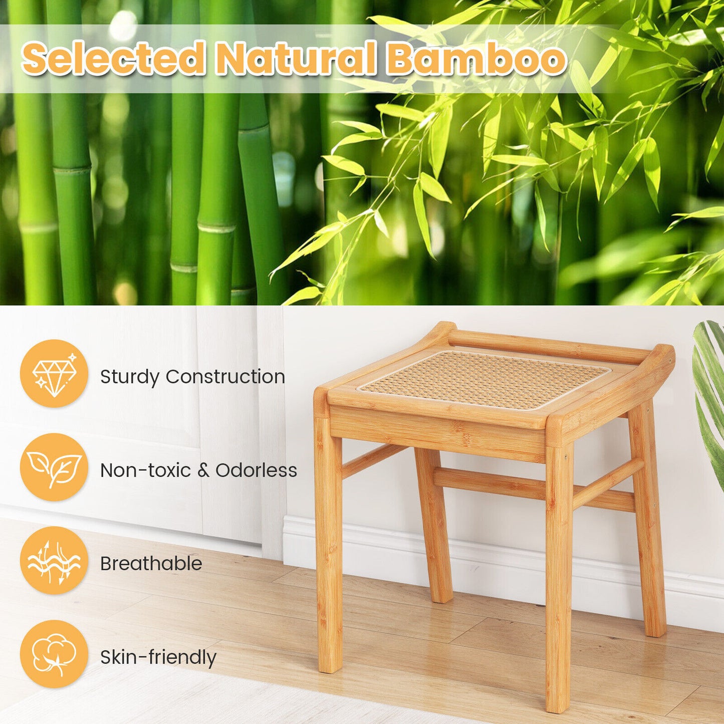 Bamboo Vanity Stool Rattan Top Dressing Ottoman Footrest w/ Anti-slip Foot Pads