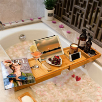 Expandable Bathtub Caddy Tray Bamboo Bath Table Over Tub with Wine & Book Holder