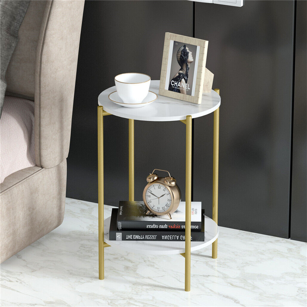 Gold Round Side End Table Bedside Small Coffee Table with Marble Top&Gold Frame