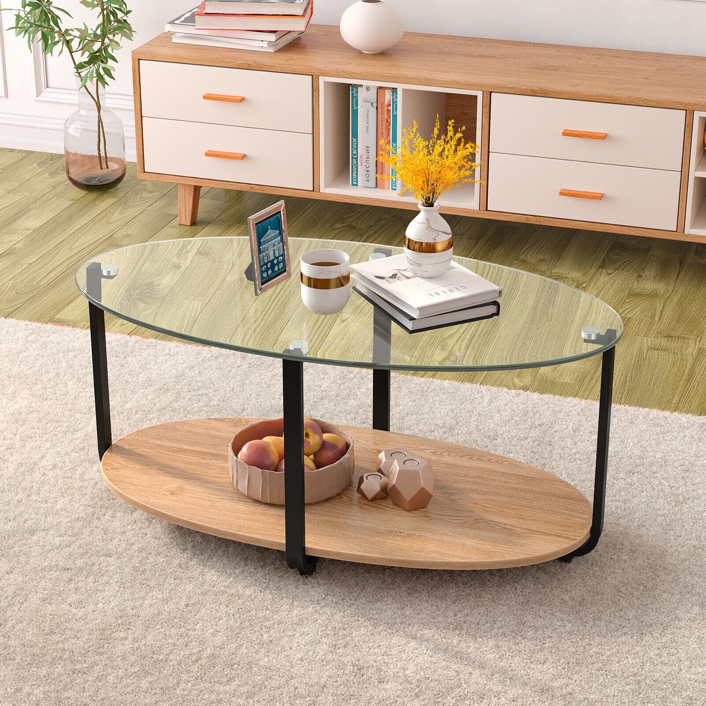 Coffee Table Tempered Glass Top Oval Beside Table Modern Living Room