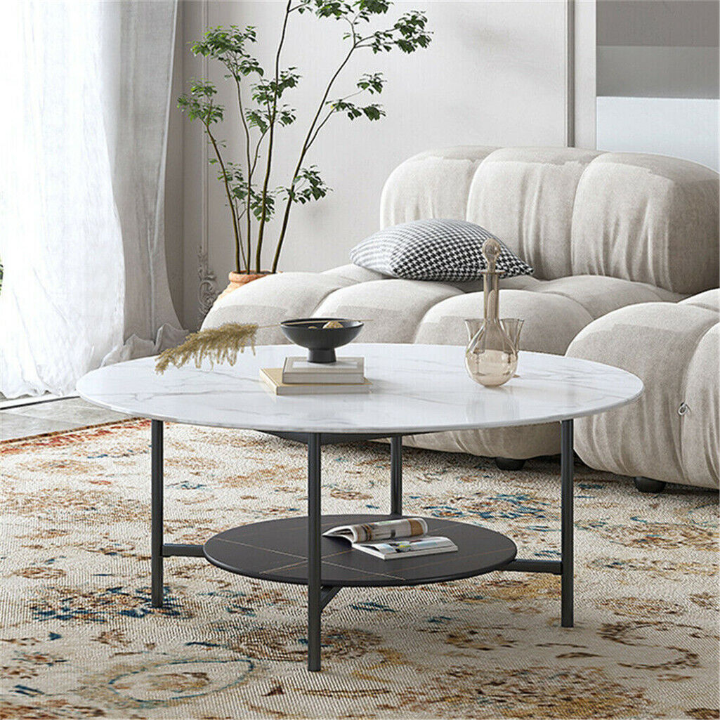 Super Strong Marble Coffee Table Large Two-Tier Round Side End Table Open Storag