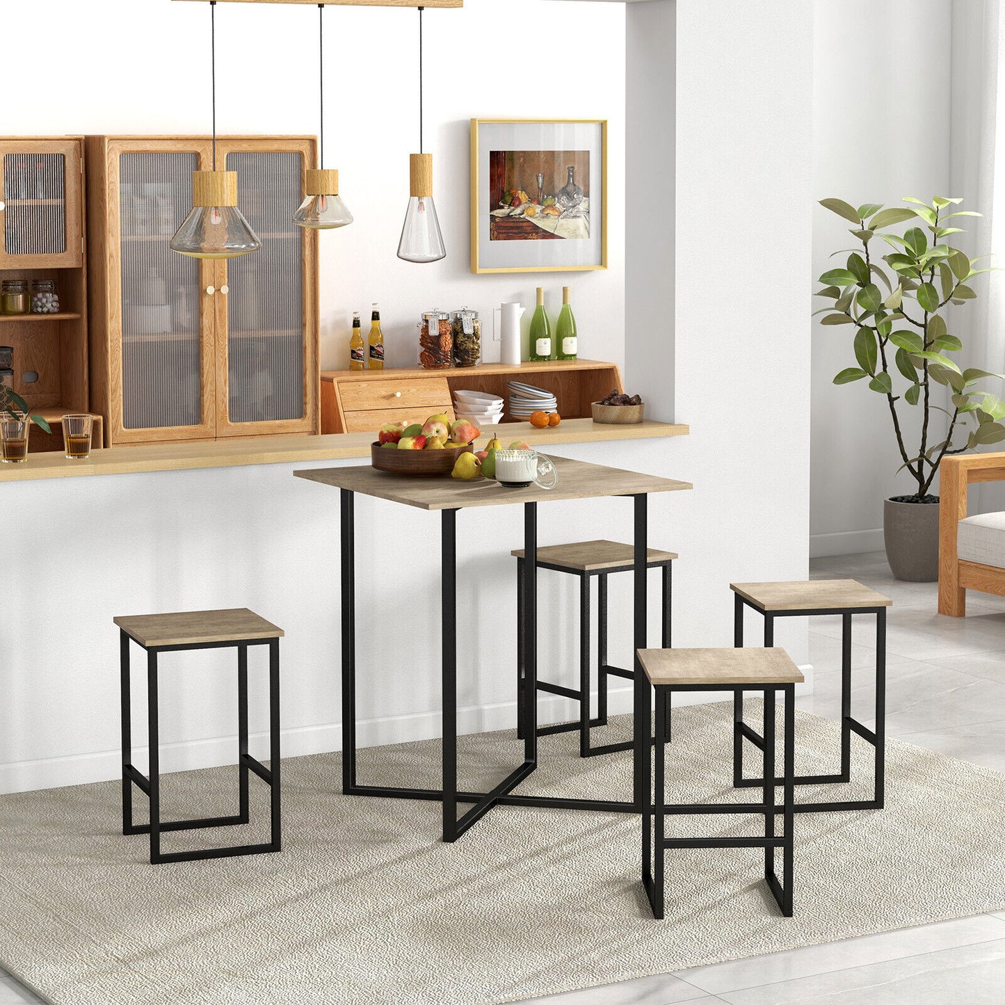 5-Piece Dining Table Set Kitchen Square Table & Stools Industrial Metal Frame