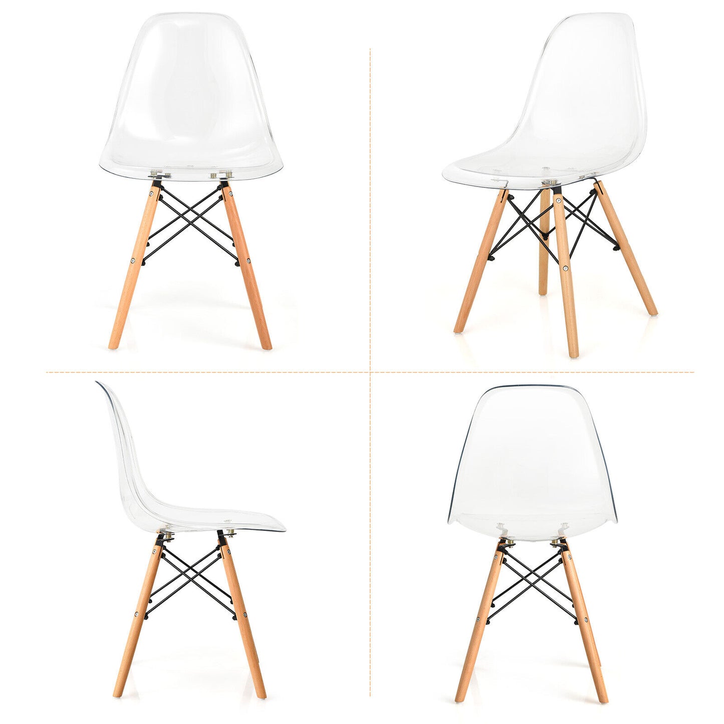 Set of 4 Dining Chairs Modern Plastic Shell Side Chair w/ Clear Seat & Wood Legs